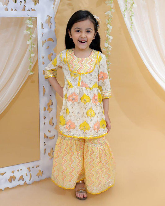 Kid’s Girls Pure Cotton Jaipur Block Printed Indian Ethnic Festive Party Wear Suit Sets | Yellow