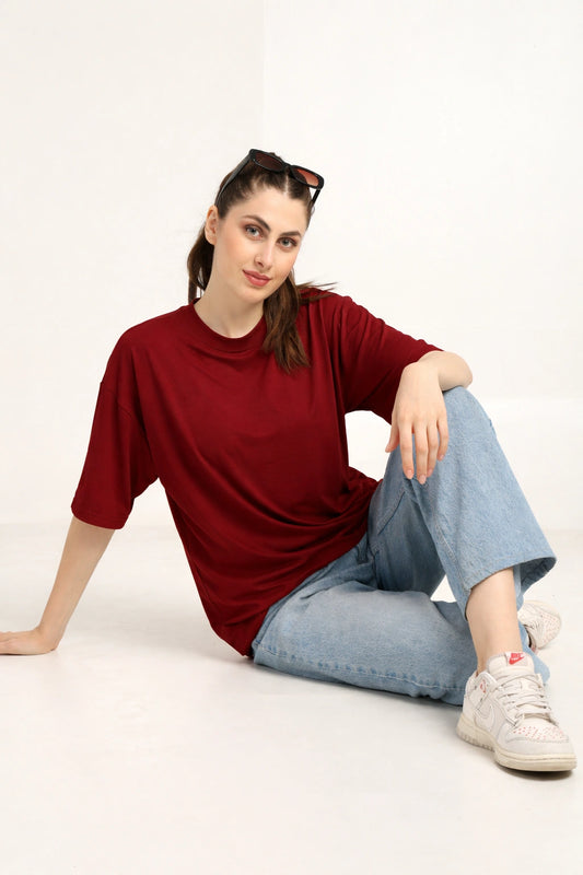 Women Oversized Bamboo Plain T-Shirt – Soft, Breathable & Sustainable | Maroon