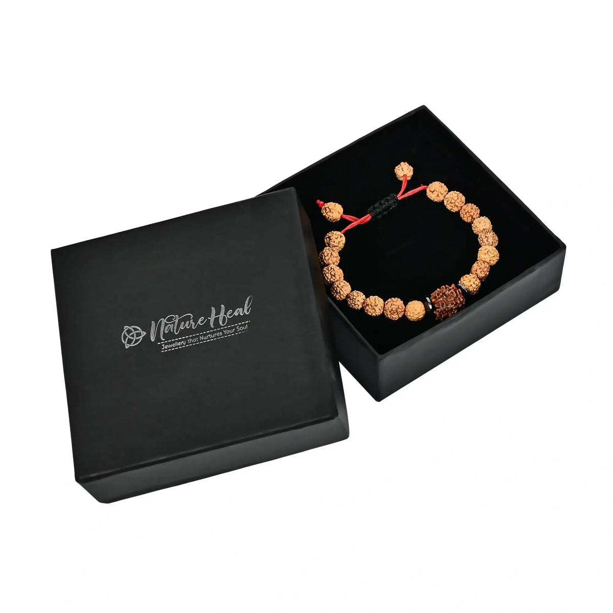 Authentic 5 Mukhi Rudraksha bracelet displayed in a black gift box, representing natural healing and energy.