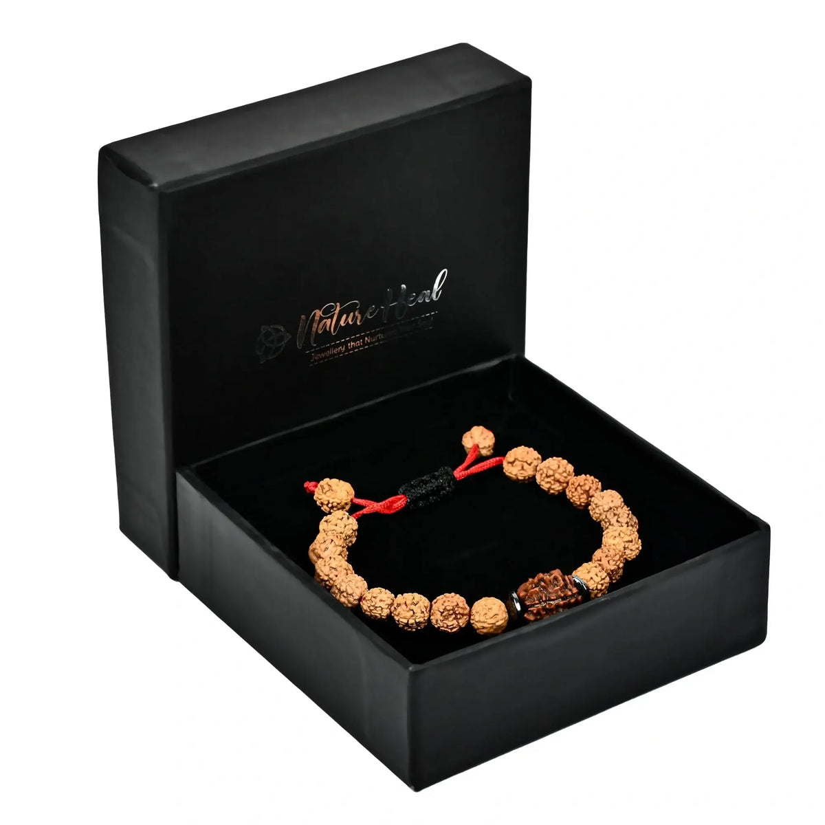 Authentic 5 Mukhi Rudraksha Bracelet displayed in a luxurious black gift box, showcasing its natural beauty and craftsmanship.