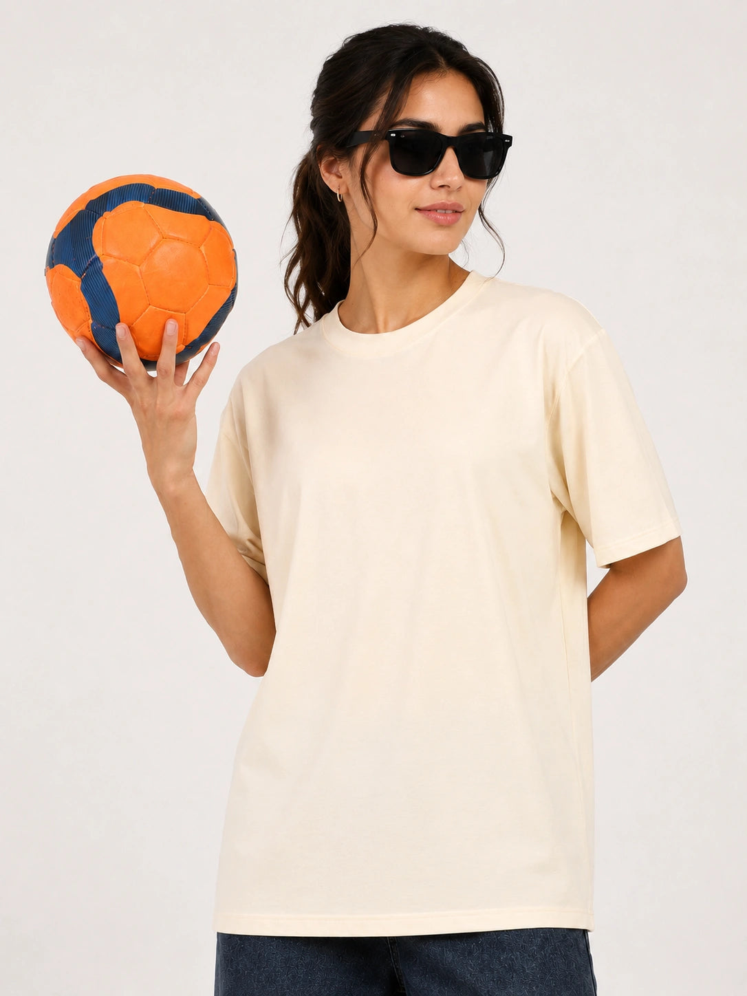 women Plain Cream Oversized T-Shirt 