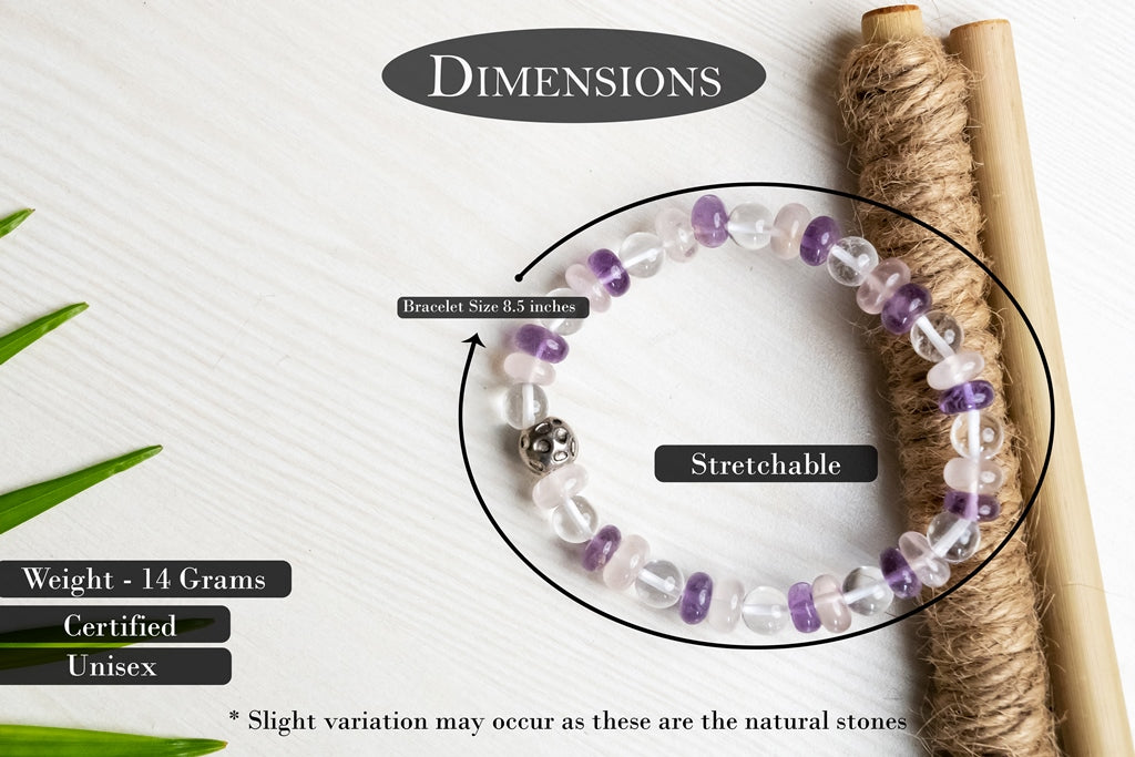 AMETHYST, ROSE QUARTZ AND CLEAR QUARTZ BRACELET FOR STRENGTH, LOVE AND FULFILLING RELATIONSHIP